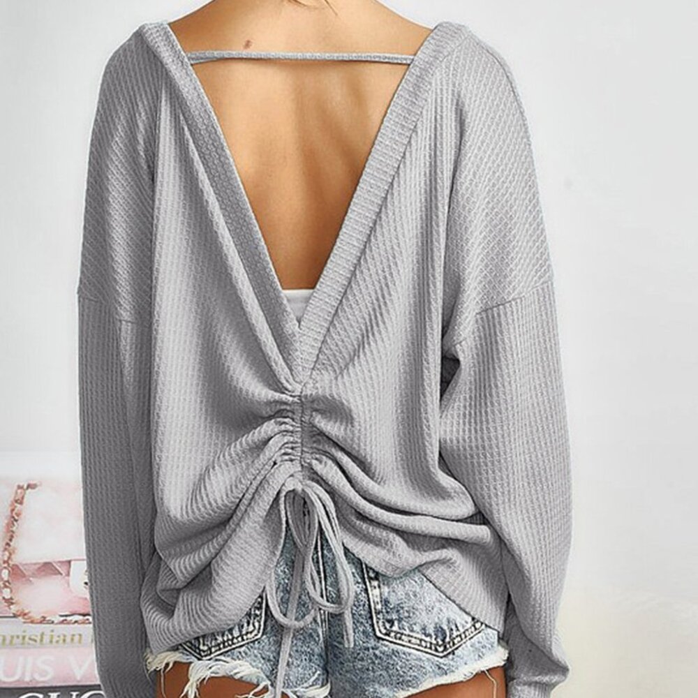B031 Gray V Cut Drawstring Back Waffle Knit Long Sleeve Top